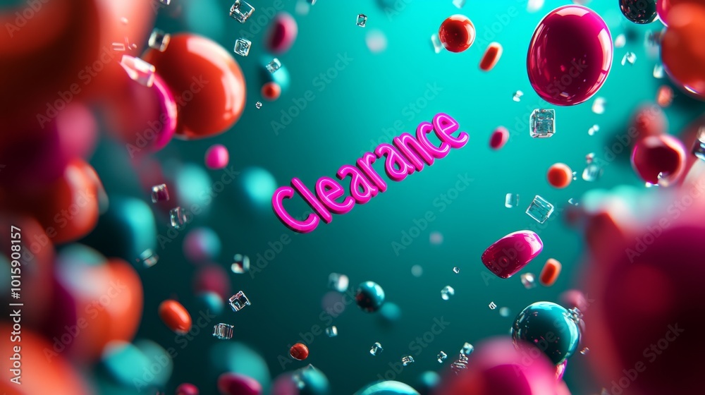 A bold sales banner showcases neon-colored letters spelling Clearance against a vibrant teal background. Abstract 3D shapes surround the text, creating a playful atmosphere A bold sales banner showcases neon-colored letters spelling Clearance against a vibrant teal background. Abstract 3D shapes surround the text, creating a playful atmosphere