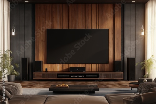 blank tv screen mock up with audio set in homy modern living room by generative ai photo