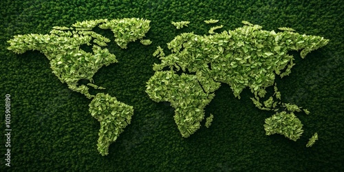 Ecofriendly silhouette world map, earth flat view made of lush green leaves and twisting vines sustainable concept set against a banner background. Generative AI