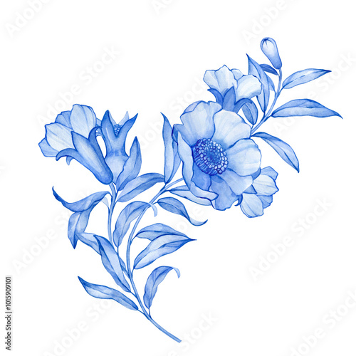 Pomegranate blossom branch watercolor illustration hand drawn in blue watercolor and isolated.
