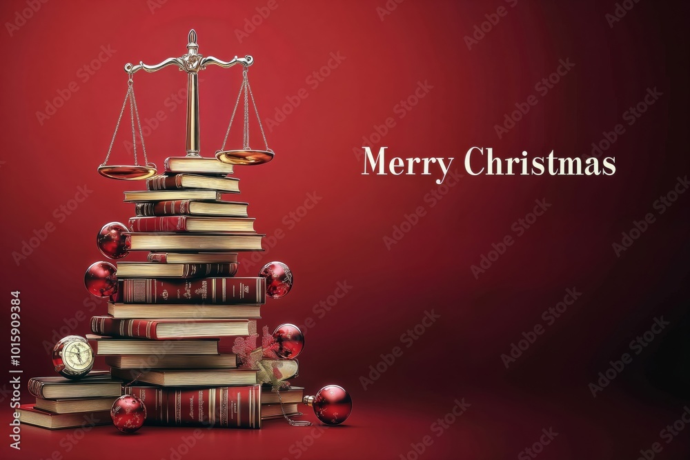 Legal christmas tree made of law books stack with scales of justice, perfect for lawyers and legal professionals holiday card.