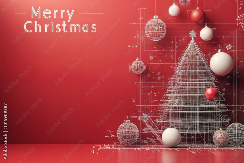 Technical blueprint christmas tree design with geometric ornaments on red background, perfect for engineers holiday greeting.