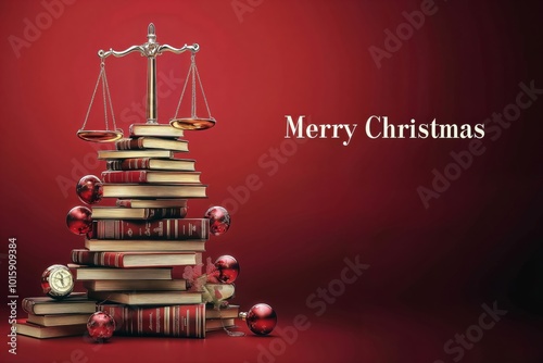 Obraz na płótnie Legal christmas tree made of law books stack with scales of justice, perfect for lawyers and legal professionals holiday card. w salonie