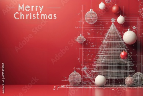 Obraz na płótnie Technical blueprint christmas tree design with geometric ornaments on red background, perfect for engineers holiday greeting. w salonie