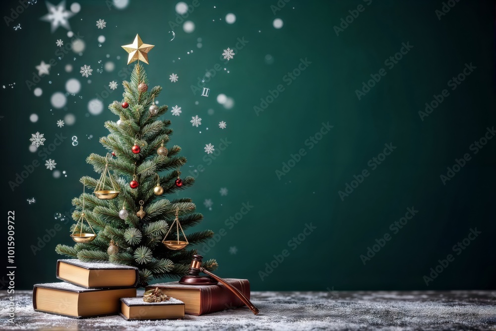 Lawyers Christmas. A Christmas tree decorated with legal-themed ornaments stands on a stack of law books with a gavel and scales of justice resting on top, with falling snow in the background.