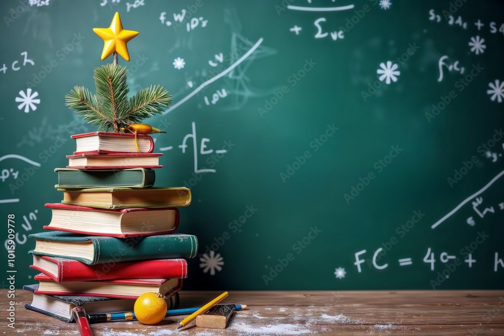 Holiday Invitation for Teachers. A Christmas tree made of books is topped with a star, set against a chalkboard with equations, symbolizing education and learning.