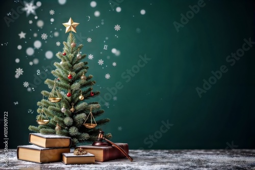 Obraz na płótnie Lawyers Christmas. A Christmas tree decorated with legal-themed ornaments stands on a stack of law books with a gavel and scales of justice resting on top, with falling snow in the background. w salonie