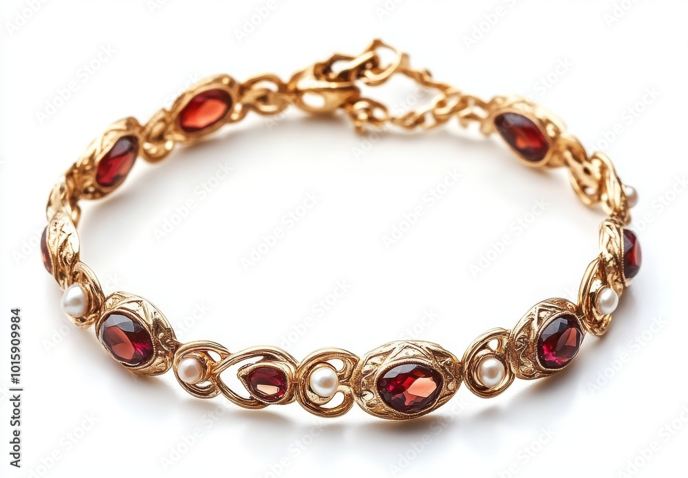 Beautiful gold bracelet with a red gem and white stones on an isolated background, close-up view. Retro style. Vintage jewelry for women. Generative AI Beautiful gold bracelet with a red gem and white stones on an isolated background, close-up view. Retro style. Vintage jewelry for women. Generative AI