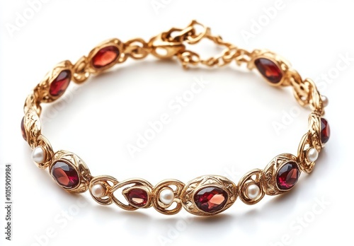 Beautiful gold bracelet with a red gem and white stones on an isolated background, close-up view. Retro style. Vintage jewelry for women. Generative AI