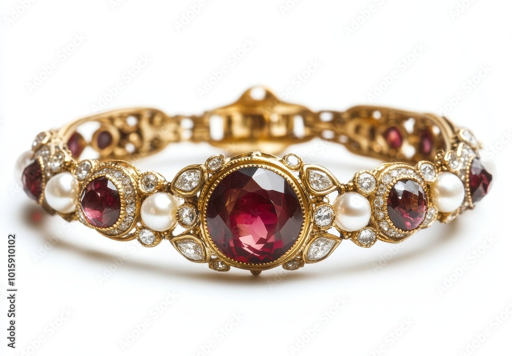 Beautiful gold bracelet with a red gem and white stones on an isolated background, close-up view. Retro style. Vintage jewelry for women. Generative AI Beautiful gold bracelet with a red gem and white stones on an isolated background, close-up view. Retro style. Vintage jewelry for women. Generative AI