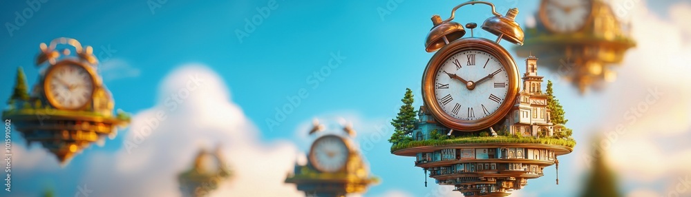 Fototapeta premium Surreal floating clocks surrounded by scenic landscapes in a vibrant sky.