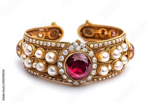 Beautiful gold bracelet with a red gem and white stones on an isolated background, close-up view. Retro style. Vintage jewelry for women. Generative AI