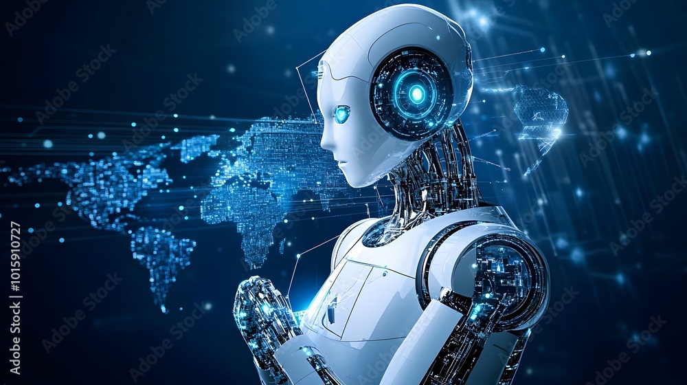 AI Robot with World Map and Digital Technology Background AI Robot with World Map and Digital Technology Background