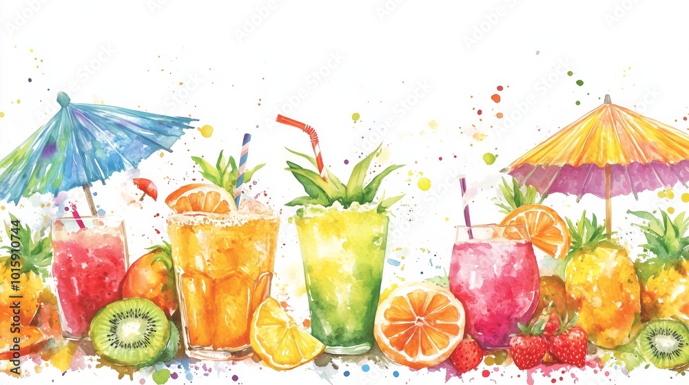 watercolor drawing of tropical fruits and drinks with umbrellas and hats on a white background watercolor drawing of tropical fruits and drinks with umbrellas and hats on a white background