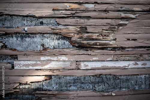 Peeling paint from a wooden painted surface. Wooden facade in emergency condition