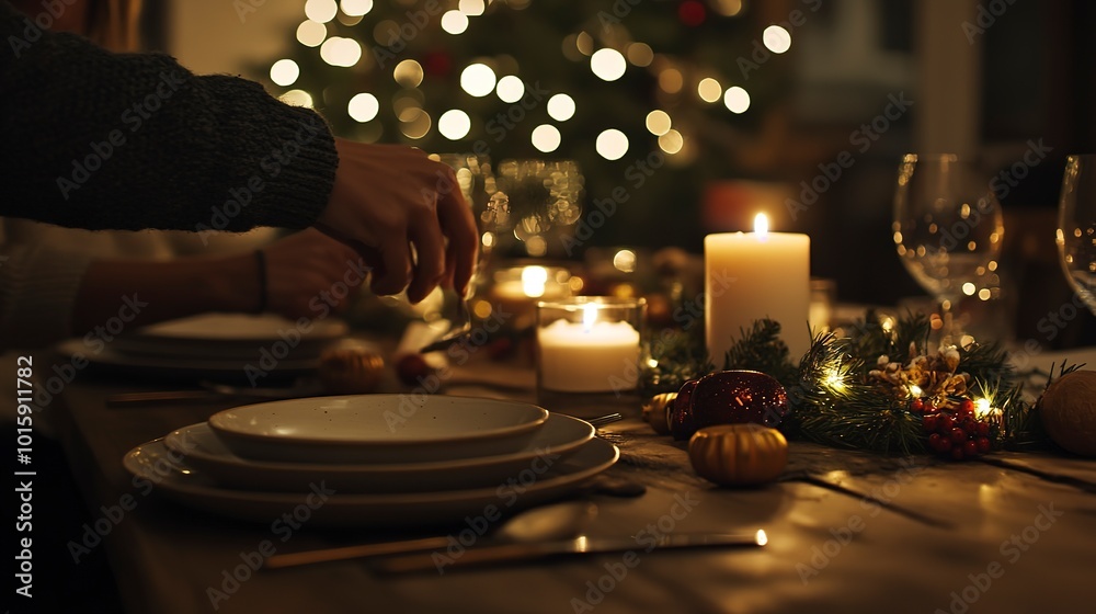 Family setting the dinner table with Christmas plates and candles, preparing for a festive meal, copy space for stock photo with minimal concept, No logo, No Trademark, No text Family setting the dinner table with Christmas plates and candles, preparing for a festive meal, copy space for stock photo with minimal concept, No logo, No Trademark, No text