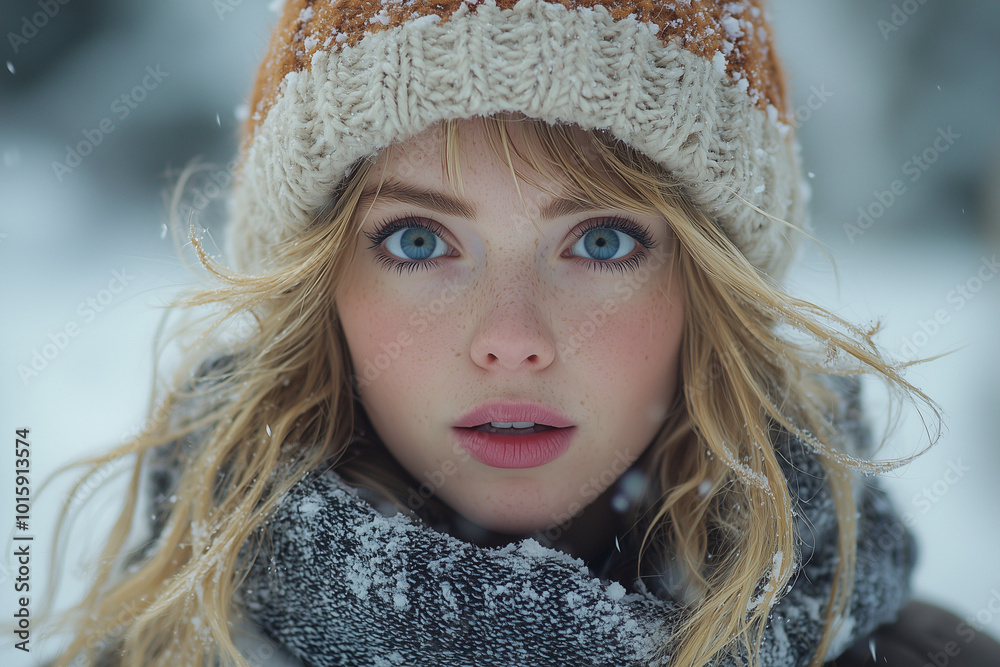 A woman with blonde hair and blue eyes is wearing a hat and scarf. She has a bright smile on her face A woman with blonde hair and blue eyes is wearing a hat and scarf. She has a bright smile on her face