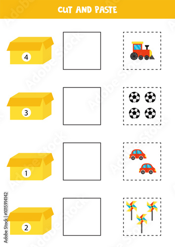 Cut and paste cartoon toys according to the numbers on boxes Math game for kids.