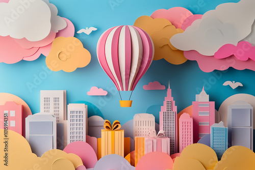 Papercut city illustration with modern architecture skyscraper tower and colorful hot air balloons flying.