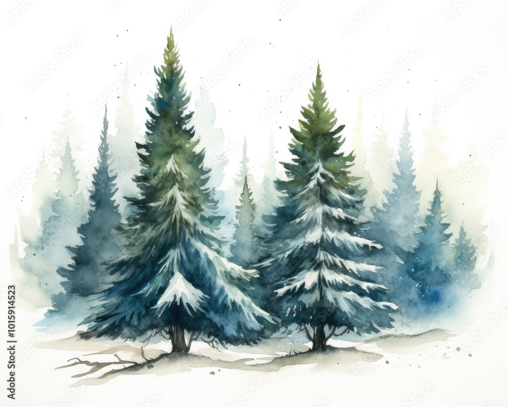Obraz premium Winter watercolor illustration with fir trees on white background