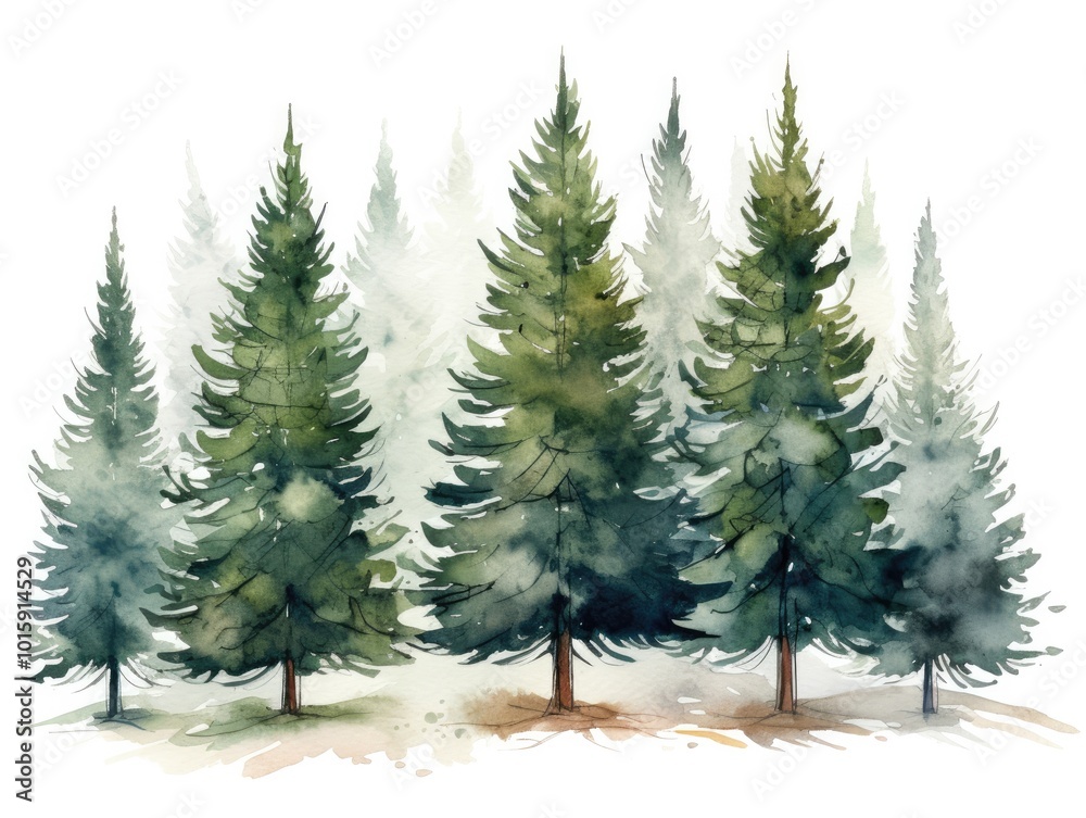 Obraz premium Winter watercolor illustration with fir trees on white background