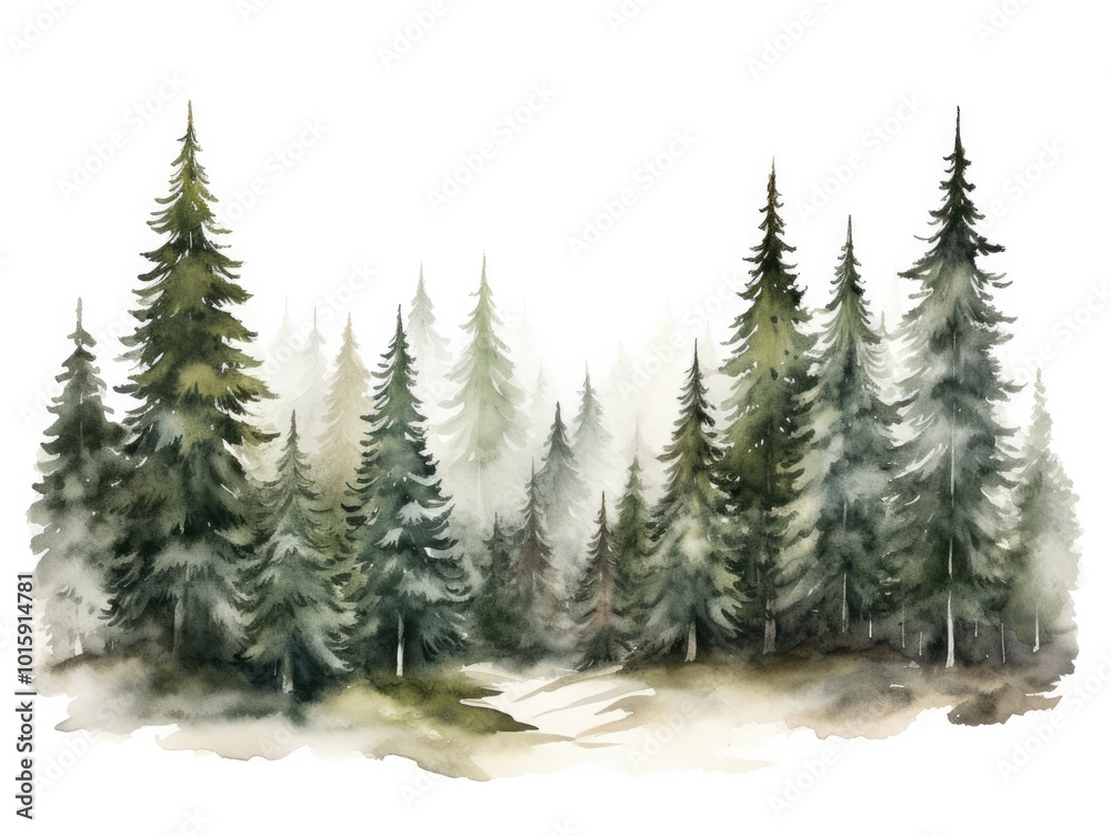 Obraz premium Winter watercolor illustration with fir trees on white background