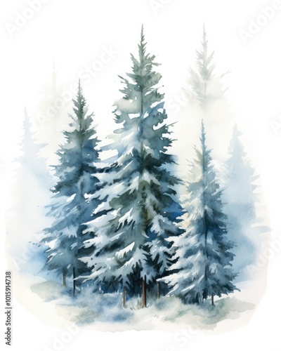 Winter watercolor illustration with fir trees on white background