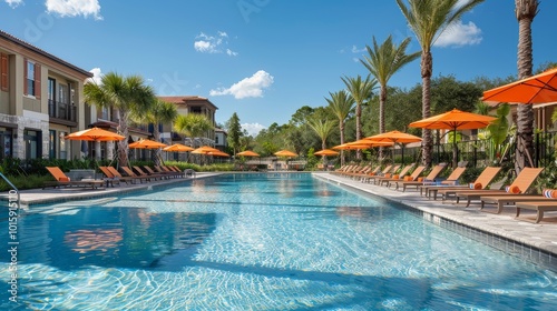 Sunny pool area with chairs and umbrellas in a luxury Florida community, showcasing a vibrant and inviting outdoor space.