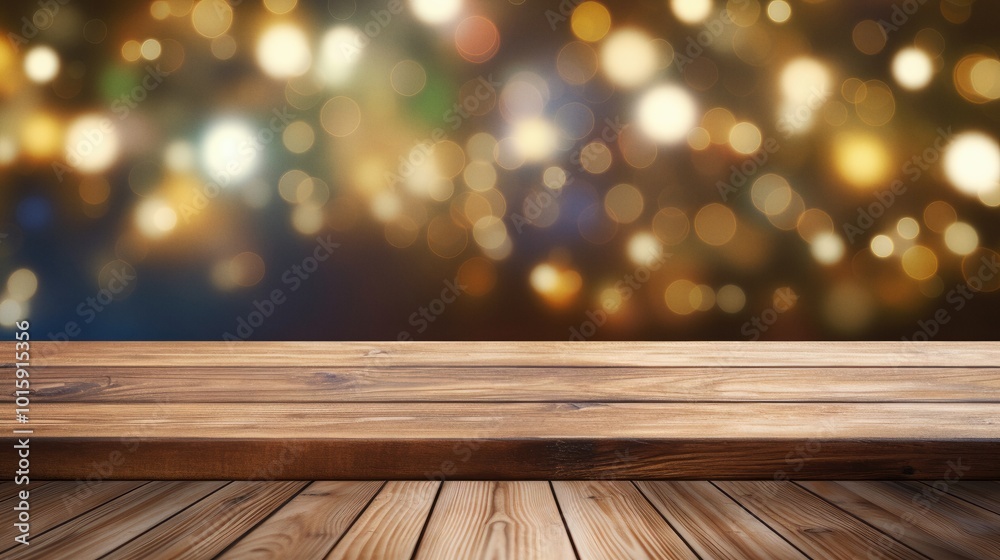 Wood table and blurry Christmas background with copy space Wood table and blurry Christmas background with copy space