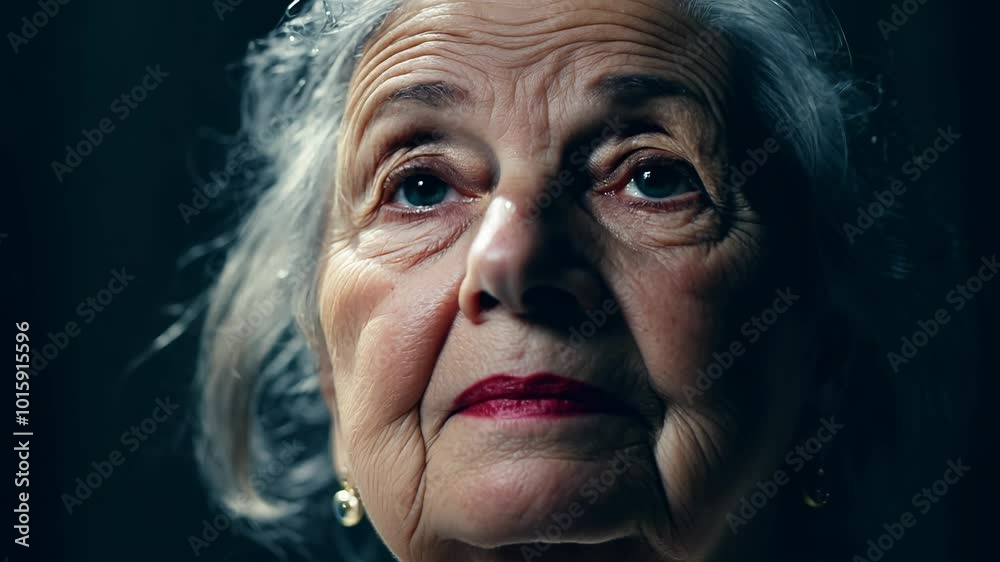Close-up video of an elderly woman with silver hair, expressing sorrow transforming into acceptance with dramatic side lighting and a static camera Close-up video of an elderly woman with silver hair, expressing sorrow transforming into acceptance with dramatic side lighting and a static camera