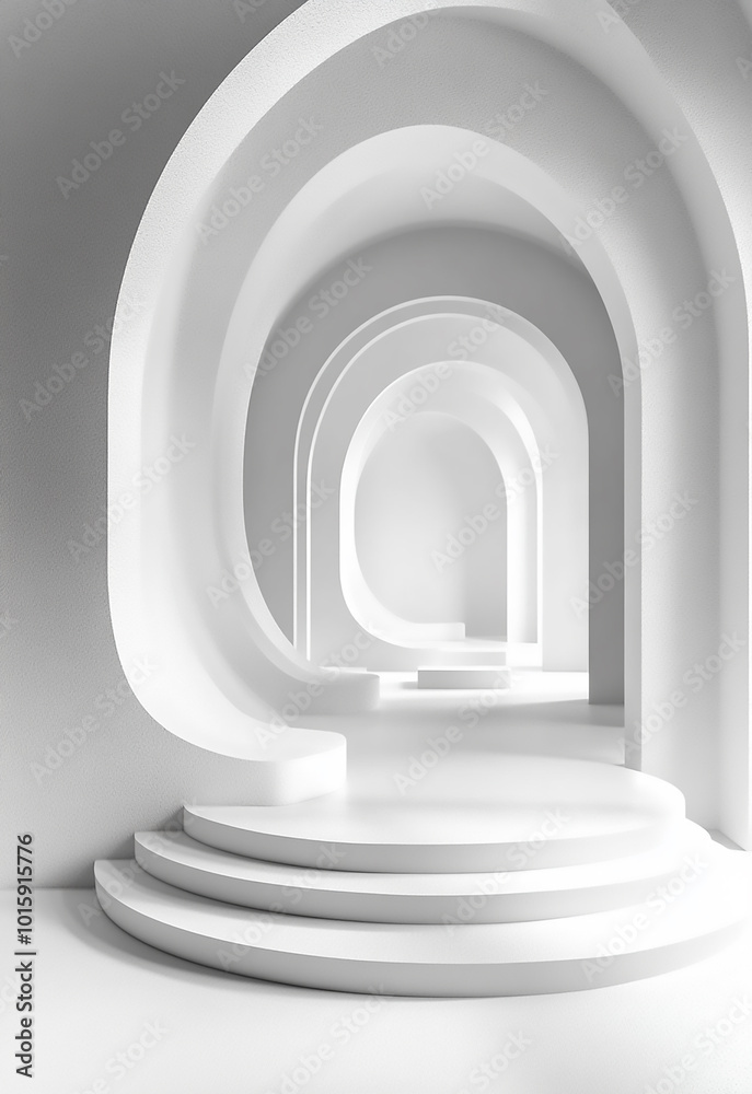 Fototapeta premium Modern architecture background for banner, poster, advertisement White futuristic corridor with arched structures. Minimalist interior design concept