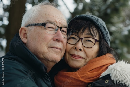 Portrait of a happy senior couple in the park in winter.