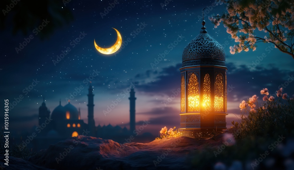 Naklejka premium Elegant Islamic Background with Lantern and Crescent Moon Under a Starry Night Sky