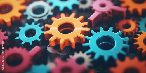 A collection of colorful gears with one of them being orange. The gears are arranged in a way that they look like they are connected to each other. Concept of unity and collaboration photo