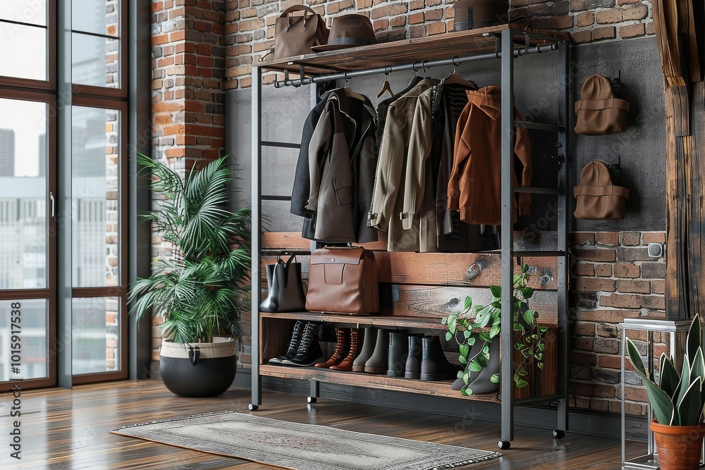 Industrial-style coat rack and hall tree with shoe storage, crafted from metal and wood in gray and dark brown tones. Industrial-style coat rack and hall tree with shoe storage, crafted from metal and wood in gray and dark brown tones.