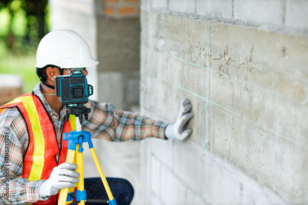 Obraz premium Construction worker is using cross-line laser level meter with line green beam to mark the floor in construction site. Tools for measuring distances.