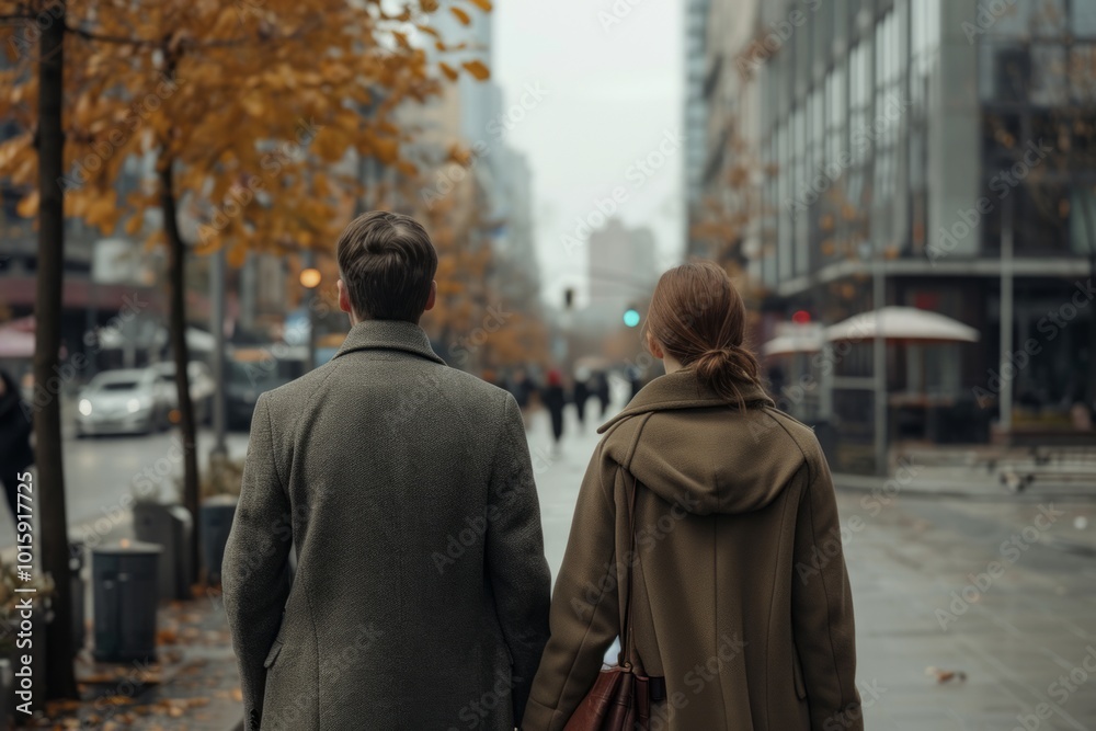 Back view of man and woman walking on the street in the city Back view of man and woman walking on the street in the city