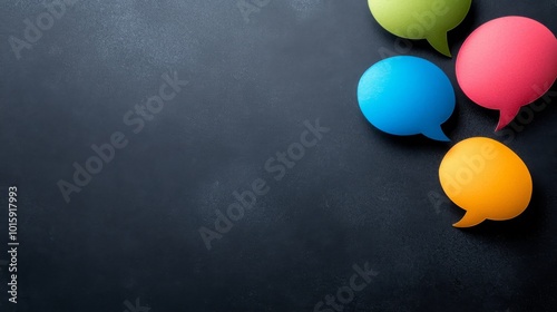 Four vibrant speech bubbles in red, blue, green, and yellow are symmetrically arranged on a dark grey background, providing an engaging canvas for dialogue and creative expression