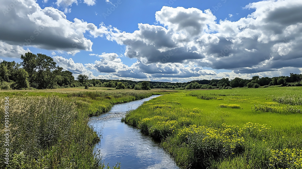 A flock of sheep grazes the green grass on the shore of the lake beautiful view of a river flowing through a green field
A flock of sheep grazes the green grass on the shore of the lake beautiful view of a river flowing through a green field