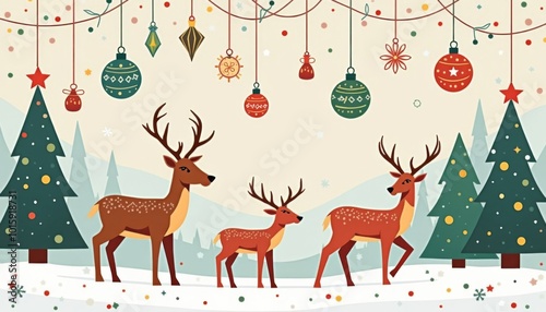 New Year card with deer and fir trees wishing happy holidays, ai generated, ai