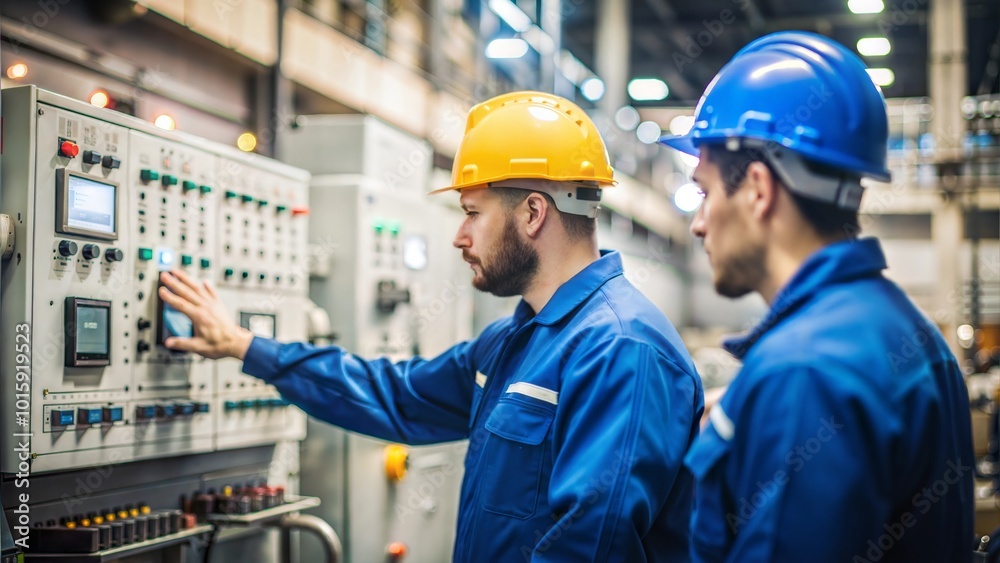 Two engineers in hard hats and blue uniforms collaborating on a control panel in an industrial environment.







