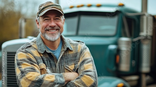 Happy confident male driver standing in front on his truck