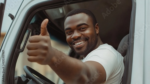 African American man smiling toward camera raise thumb up, confident delivery, moving house, shipping, courier man, professional service, sitting driving in truck.