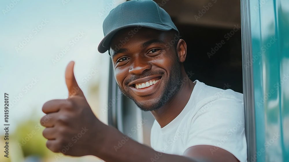 African American man smiling toward camera raise thumb up, confident delivery, moving house, shipping, courier man, professional service, sitting driving in truck. African American man smiling toward camera raise thumb up, confident delivery, moving house, shipping, courier man, professional service, sitting driving in truck.