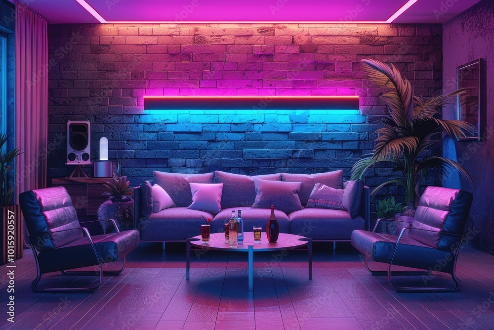 Neon lit living room with cozy seating and drinks table. Neon lit living room with cozy seating and drinks table.