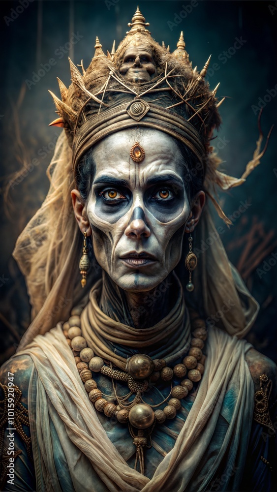 Haunting figure of a skeletal queen adorned with jewelry and crown in a mystical atmosphere Haunting figure of a skeletal queen adorned with jewelry and crown in a mystical atmosphere