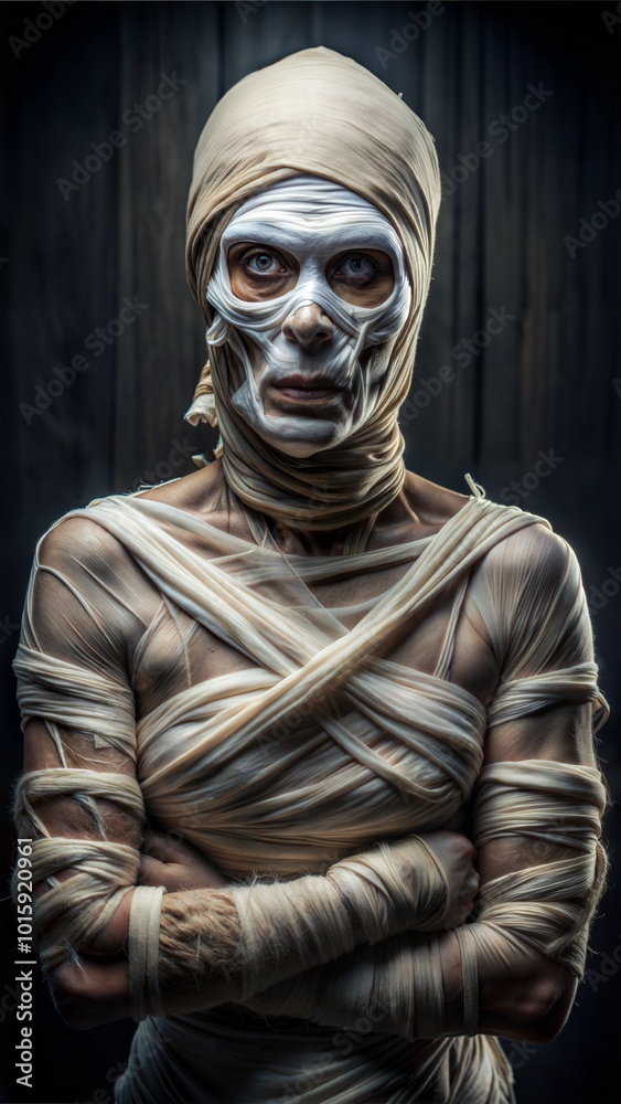 Intense female mummy wrapped in bandages with a captivating gaze in a dark atmospheric Halloween setting Intense female mummy wrapped in bandages with a captivating gaze in a dark atmospheric Halloween setting