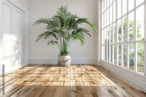 White walls hardwood floors large green plant in room.