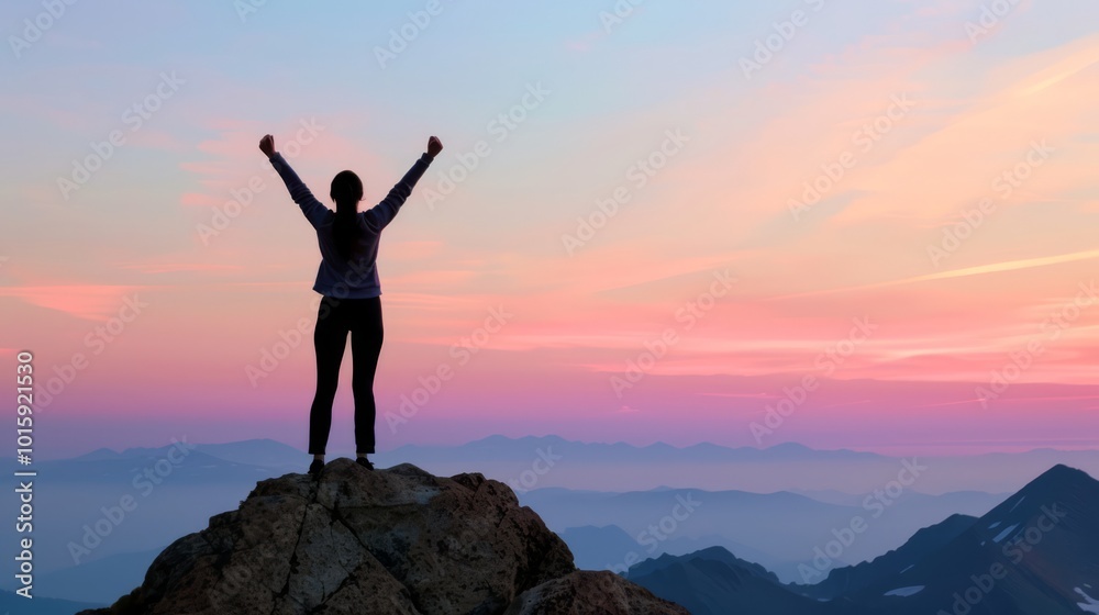 Woman Reaching The Top Of A Mountain At Sunset Woman Reaching The Top Of A Mountain At Sunset