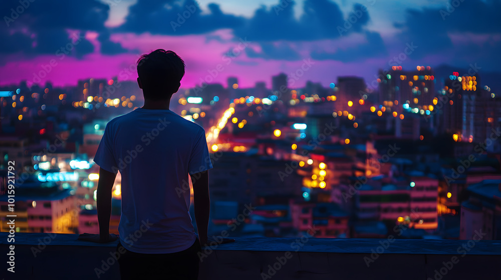 Man in a white shirt standing on a rooftop balcony at night, overlooking a vibrant city filled with colorful lights and glowing buildings. Man in a white shirt standing on a rooftop balcony at night, overlooking a vibrant city filled with colorful lights and glowing buildings.